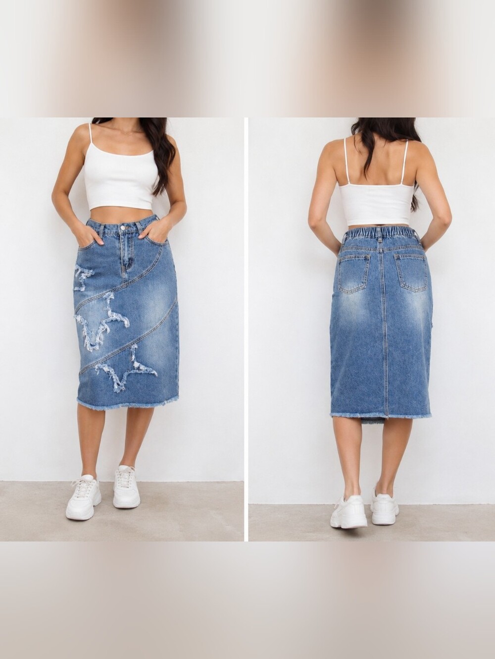 SHEIN Denim Midi Skirt Distressed Raw Hem Y2K Stretch Waist Youth 11Y Fits Women
